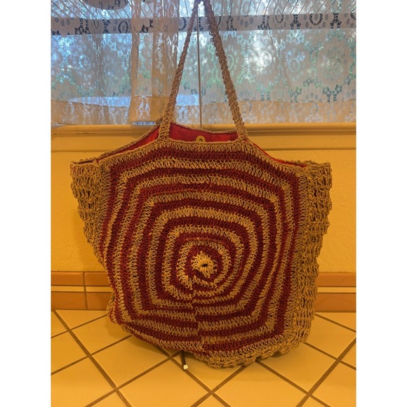 Chloe & Lex Woven Straw Tote Bag Red Tan Raffia Beach Travel Shopper - Picture 1 of 5